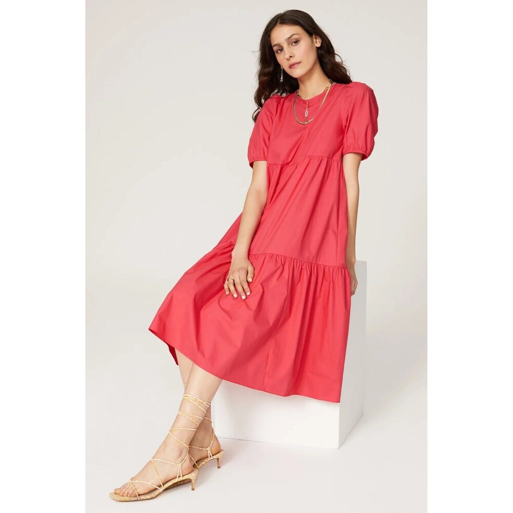 Peter Som Collective 100% Cotton Pink Puff Sleeve Poplin Tiered Midi Dress 14